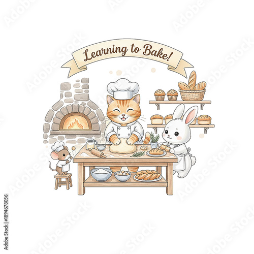 Happy Animals Learning to Bake Together in a Cozy Bakery Kitchen with Oven and Fresh Pastries