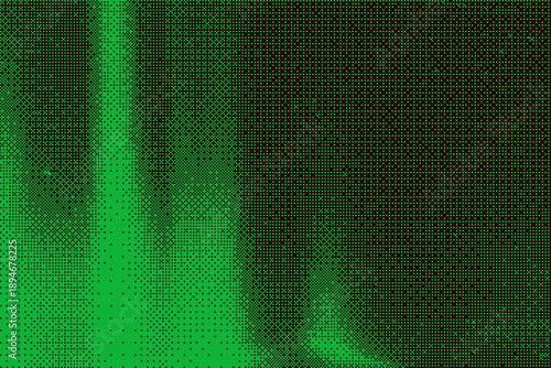 Green and black pixelated design with dynamic lines and shapes