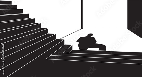 Person sitting alone on stairs in a dark room