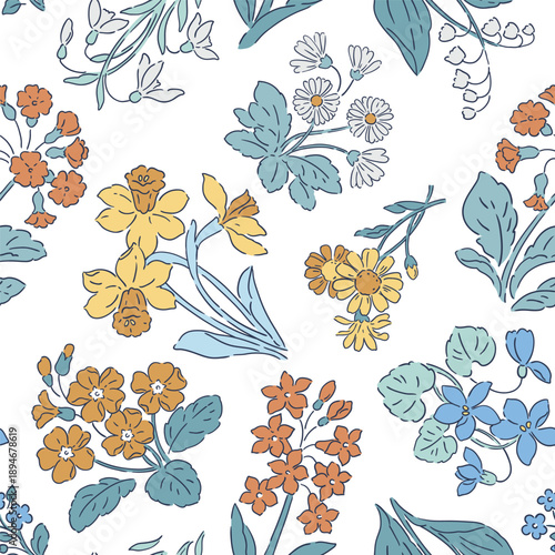 Seamless vector pattern with spring flowers. Hand drawn liberty floral design on isolated background. Snowdrop, crocus, hyacinth, primrose, daffodils, bluebell and violet.