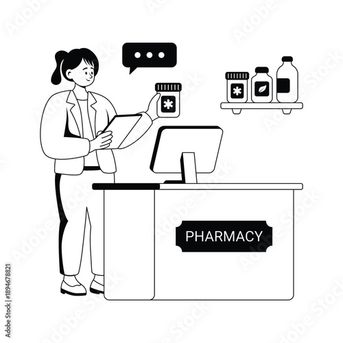 Glyph illustration of pharmacist serving customer at pharmacy counter