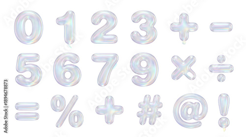 Set of 3D numbers and mathematical symbols variations in iridescent bubble glass style