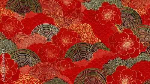 Traditional Japanese pattern background with red camellia flowers and golden wave motifs