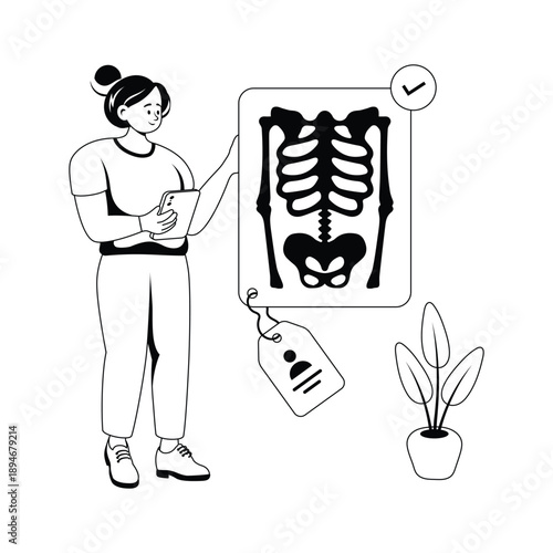 Illustration of female doctor analyzing X ray scan for medical diagnosis.