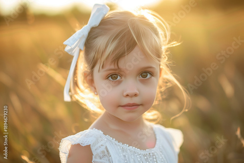Little Girl with White Hair Bow and Lace Outfit in Golden Field.