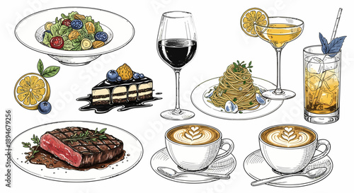 A colorful illustration of various food and drink items on a white background