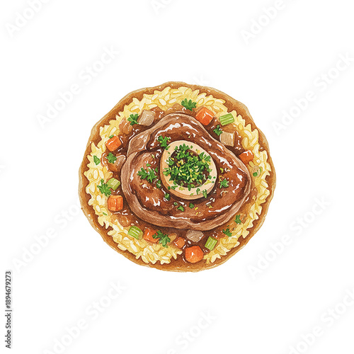Delicious Osso Buco Dish with Creamy Risotto Garnished with Fresh Herbs Watercolor Illustration