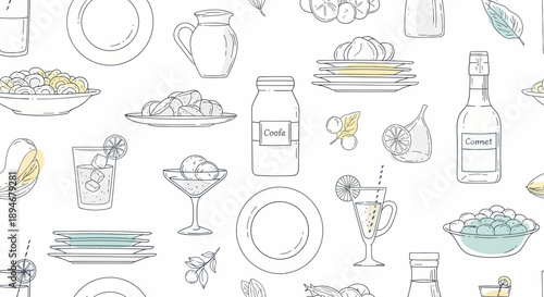A detailed illustration of various food and drink items on a white background