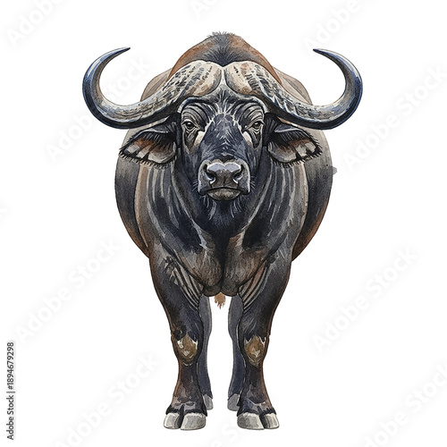 Powerful African Buffalo Standing Looking Directly Forward with Impressive Horns in Watercolor Splatter Style