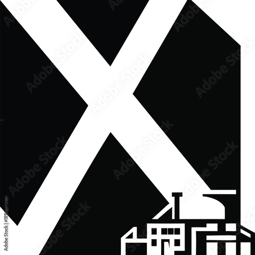 Industrial factory icon with large cross symbol over black background representing closure or negative impact
