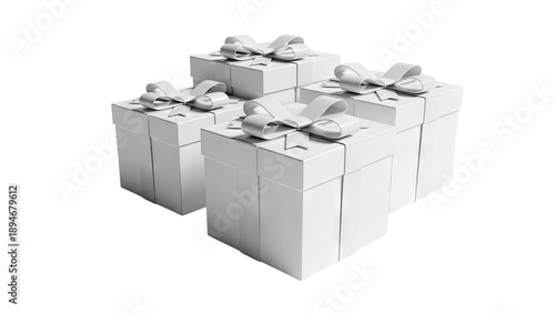 Four White Gift Boxes with Silver Ribbons