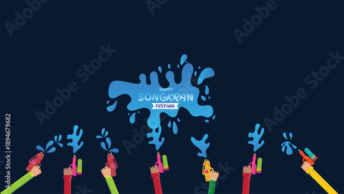 Flat Colorful Songkran Water Gun Festival Background with Pink Yellow Green Blue Toy Shapes Multiple Hands and Splash Center on Dark Navy