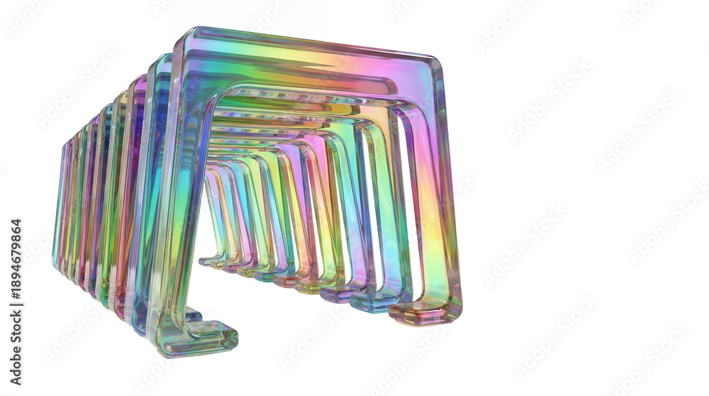 Fototapeta premium Abstract geometric archway tunnel in holographic iridescent glass style with rainbow color refractions.