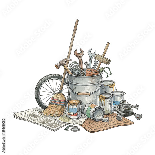 A collection of household repair and renovation items including tools paint cans broom and a robot in watercolor style