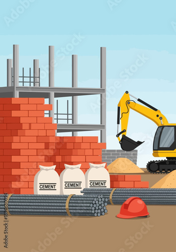 Construction site with heavy machinery, building materials like bricks and cement bags, and rebar, depicting the process of building and development
