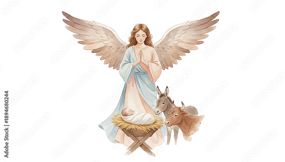 Fototapeta premium Gentle Angel with Wings Praying Over Baby Jesus Manger with Donkey and Cow Watercolor Art