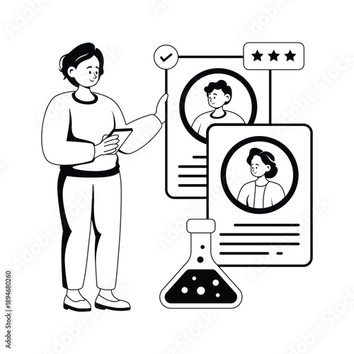 Glyph illustration of healthcare worker reviewing patient information and medical profile
