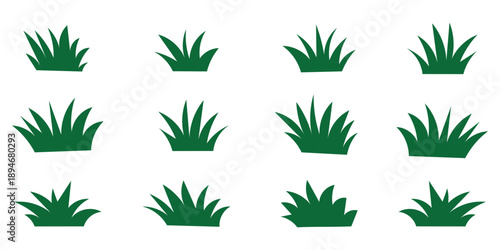Green grass icon set, vector lawn and plant silhouettes, minimal flat design for nature, garden, landscape graphics, elements, symbols, collection