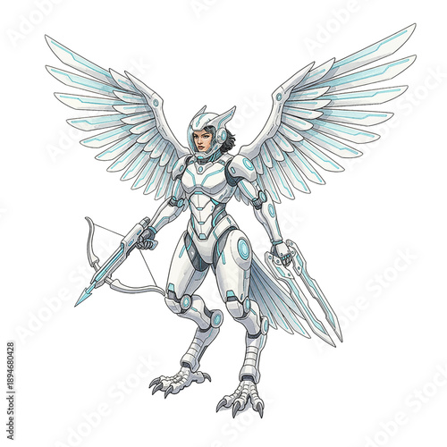 Determined female warrior in white and blue futuristic armor with large mechanical wings holding a bow and sword ready for action