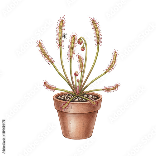 A vibrant detailed sundew carnivorous plant in a terracotta pot with a small fly on a sticky leaf