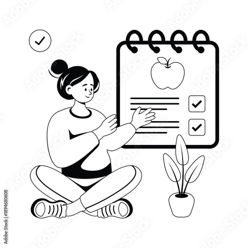 Illustration of woman planning a healthy diet with nutrition checklist for wellness