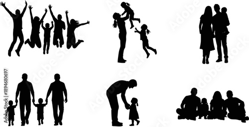 Diverse collection of happy family silhouettes featuring jumping groups, parents with children, couples, and kids playing on white background.