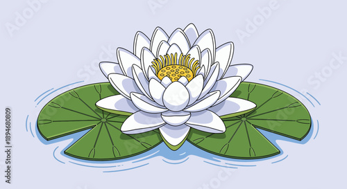 Beautiful White Water Lily Flower Floating on Water.