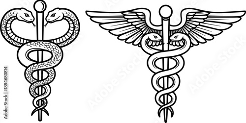 Black and white vector illustration of the Caduceus and Rod of Asclepius symbols for medical, pharmacy, and healthcare industry design