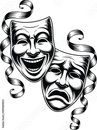 Comedy Tragedy Theater Masks Performing Arts Illustration Representing Entertainment and Dramatic Expression Artistic Concept for Stage Plays Movies Classical Theatre Performance with Ribbons and Swir