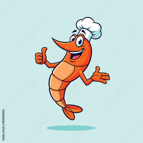 Cartoon Chef Shrimp Character Giving Thumbs Up.