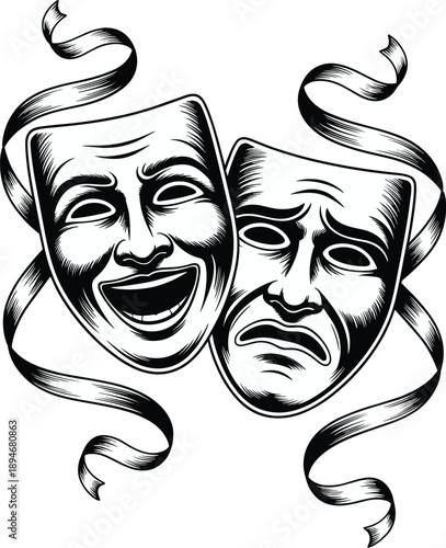 Dramatic theater masks illustration of comedy and tragedy performing arts symbols with ribbons classic artistic theatrical performance concept for entertainment industry cultural events graphic design