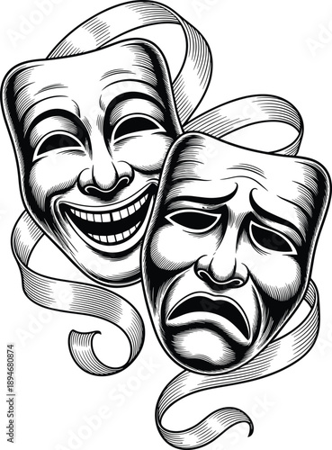 Classic theatre masks of comedy and tragedy expressing emotional contrast black and white vector illustration for drama performance arts entertainment industry marketing creative design project repres