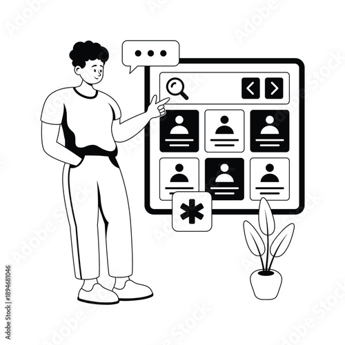 Illustration of man searching doctor profiles online using digital healthcare platform