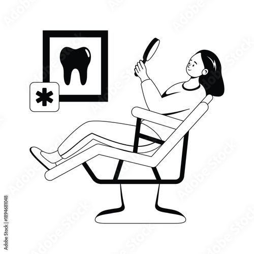 Woman sitting in dental chair for oral checkup, glyph concept illustration