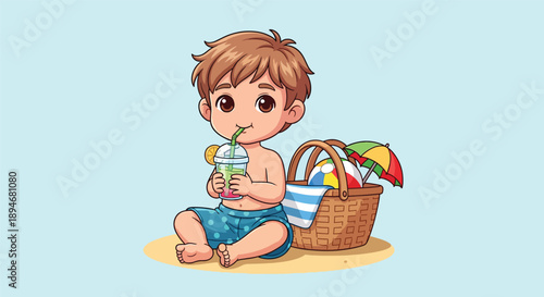 Cute Baby Boy Enjoying a Refreshing Drink at the Beach with a Picnic Basket.