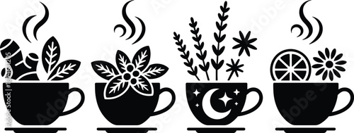 Assorted herbal tea cups illustration with ginger flower lemon ingredients in black silhouette design for wellness spa aromatherapy relaxation drinks menu card graphic element health and lifestyle vec