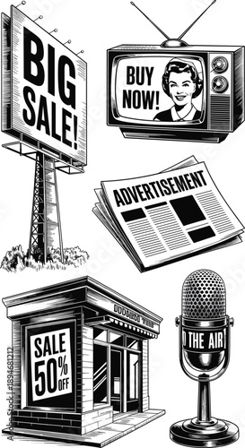 Vintage Advertising Media Collection Illustration featuring Big Sale Billboard Retro TV Commercial Newspaper Ad Storefront and Microphone for Radio Broadcast Marketing Campaigns Business Promotion and