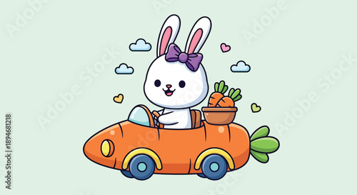Cute Bunny Driving Carrot Car with Carrots.