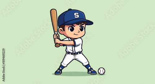 Cute Cartoon Baseball Player Ready to Hit the Ball.