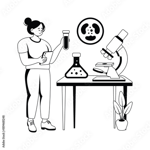 Illustration showing scientist analyzing blood samples with microscope in healthcare lab
