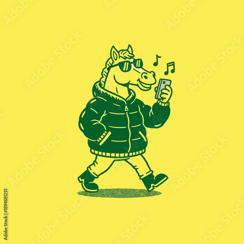 Cool cartoon horse wearing sunglasses and a jacket listening to music on its phone.