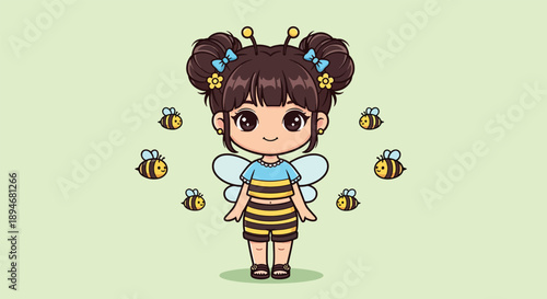 Cute Cartoon Bee Girl with Wings and Antennae Surrounded by Bees.