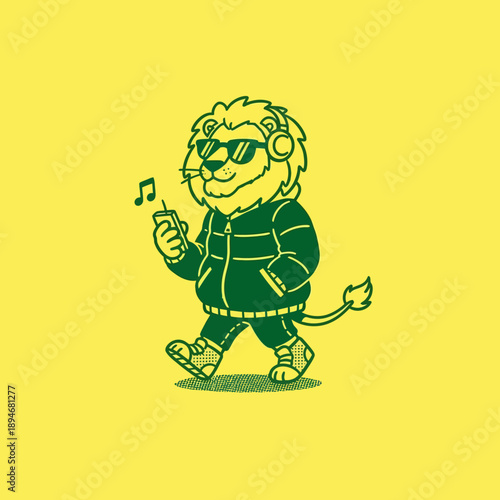 Cool cartoon lion wearing sunglasses and headphones listening to music.