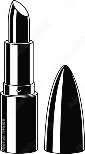 Elegant black and white lipstick tube open with cap displayed minimal beauty icon for cosmetic product advertising professional makeup artist supply store presentation beauty brand graphic design acce