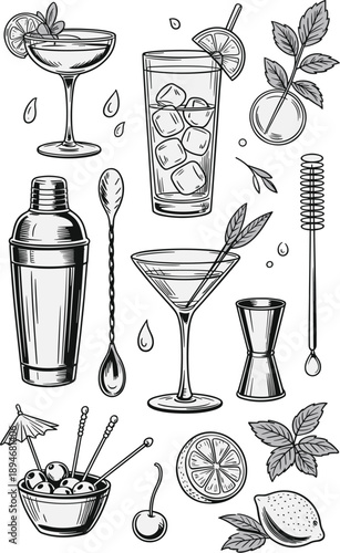 Elegant cocktail illustration with citrus fruit and bartending tools showcasing mixology and beverage preparation for bar menus restaurant advertising and summer party invitations drink presentation w
