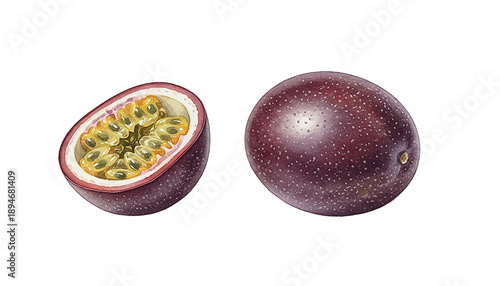 Two vibrant passion fruits one whole and one cut showing the yellow pulp and black seeds on a white background a fresh fruit