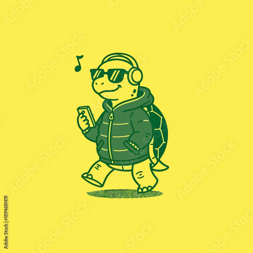 Cool Turtle Character Listening to Music and Walking with Phone.