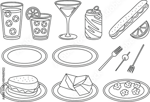 Outline style food and drinks vector illustration with cocktail sandwich and soda can on plates for restaurant menu promotion and catering service advertising delicious gourmet cuisine and refreshing