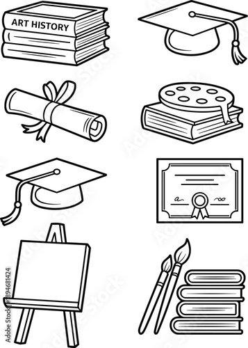 Art Education History and Graduation Icon Set in Black and White Outline Style with Books Diploma Palette Easel Paintbrushes for School University College Art Classes Creative Projects Educational Res