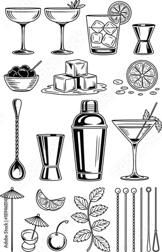 Elegant cocktail preparation set black and white outline illustration for menu design bartending guide or bar promotion classic drink ingredients shaker jigger spoon ice cubes garnish creative beverag